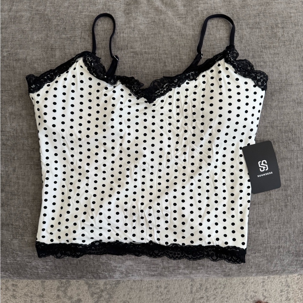 Polka Dot Lace Trim Cami Top